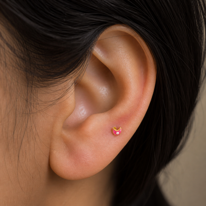 9K Gold Pink Enamel Crescent Second Stud Earrings