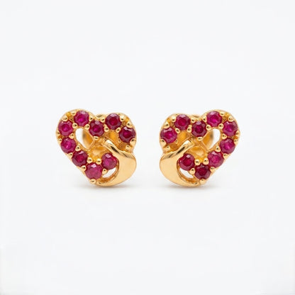 9K Gold Ruby Stone Matt Heart Second Stud Earrings