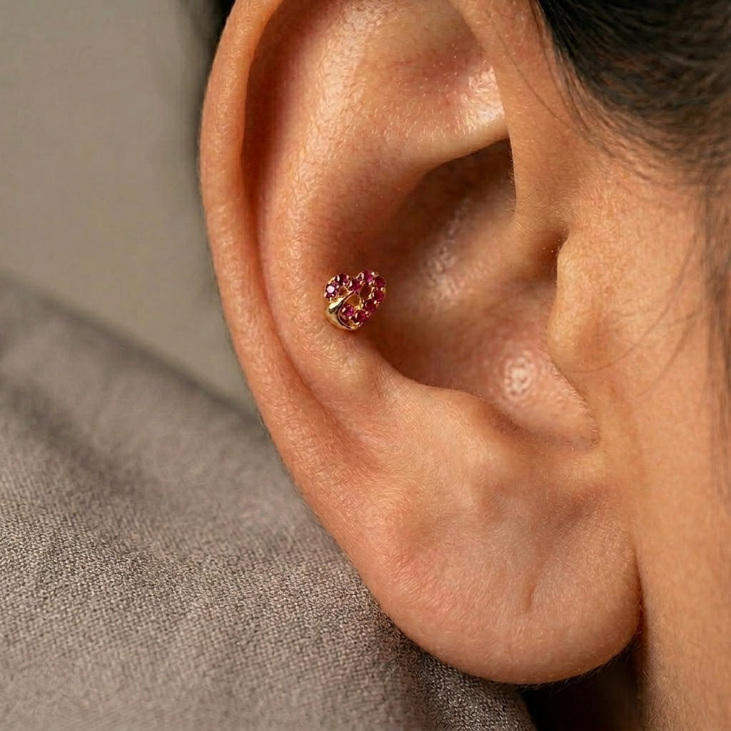 9K Gold Ruby Stone Matt Heart Second Stud Earrings
