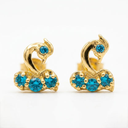 9K Gold Blue Stone Swan Second Stud Earrings