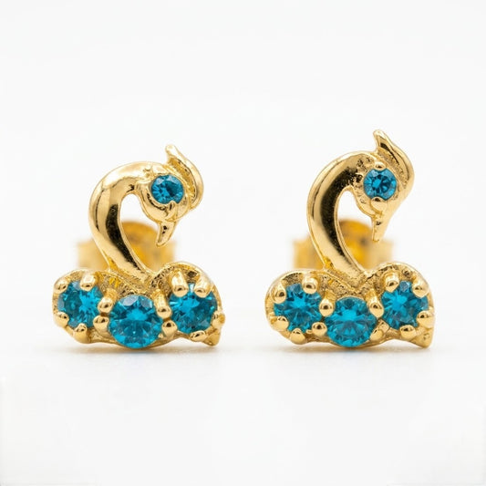 9K Gold Blue Stone Swan Second Stud Earrings