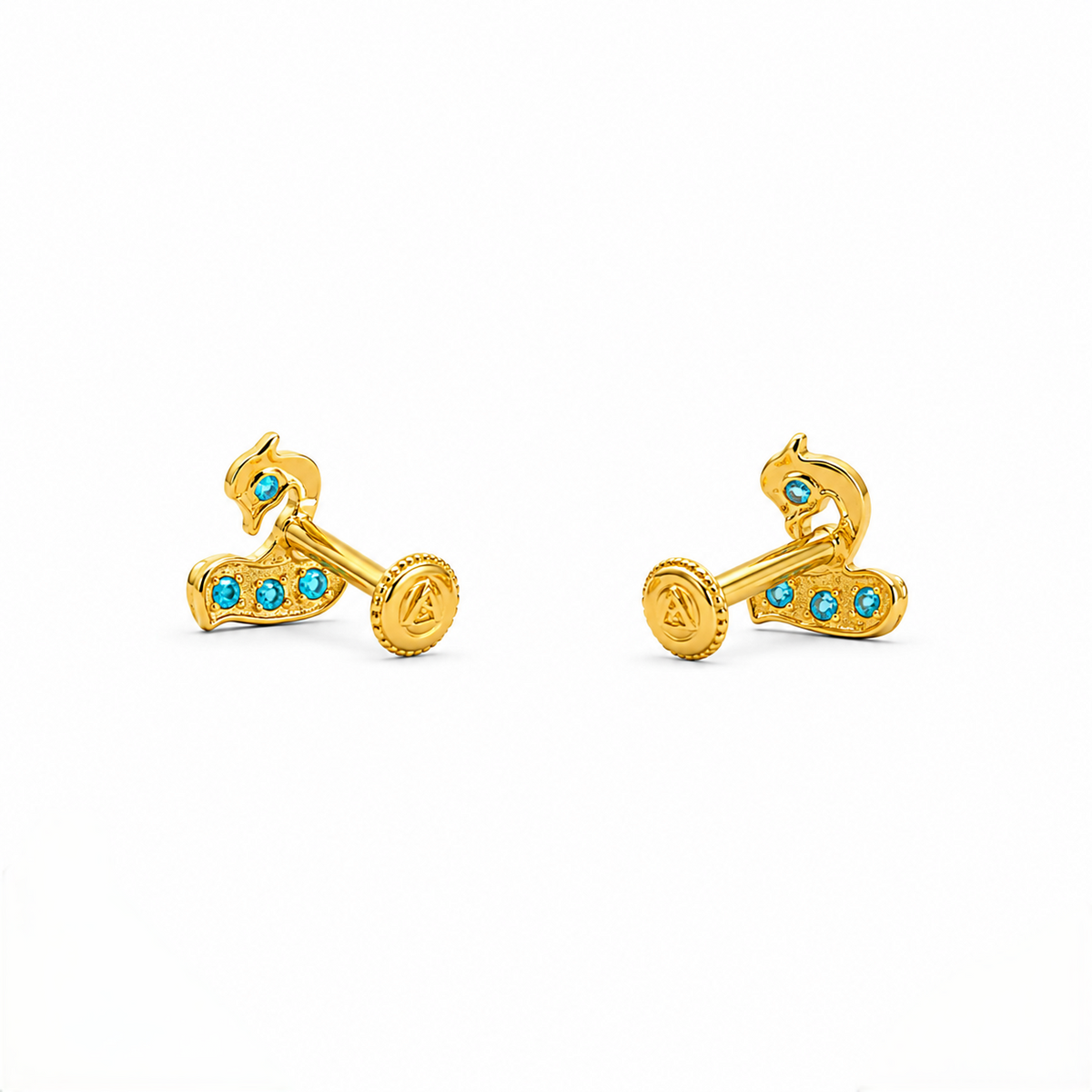 9K Gold Blue Stone Swan Second Stud Earrings
