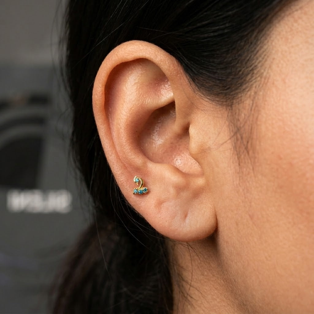 9K Gold Blue Stone Swan Second Stud Earrings