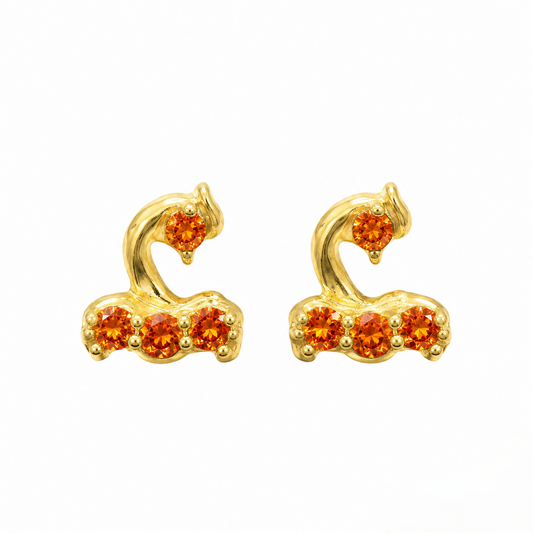 9K Gold Orange Stone Swan Second Stud Earrings