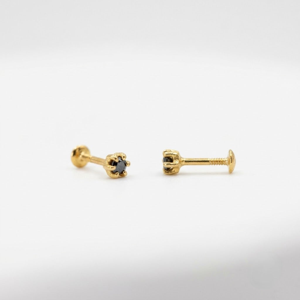 9K Gold Black Solitaire Second Stud Earrings