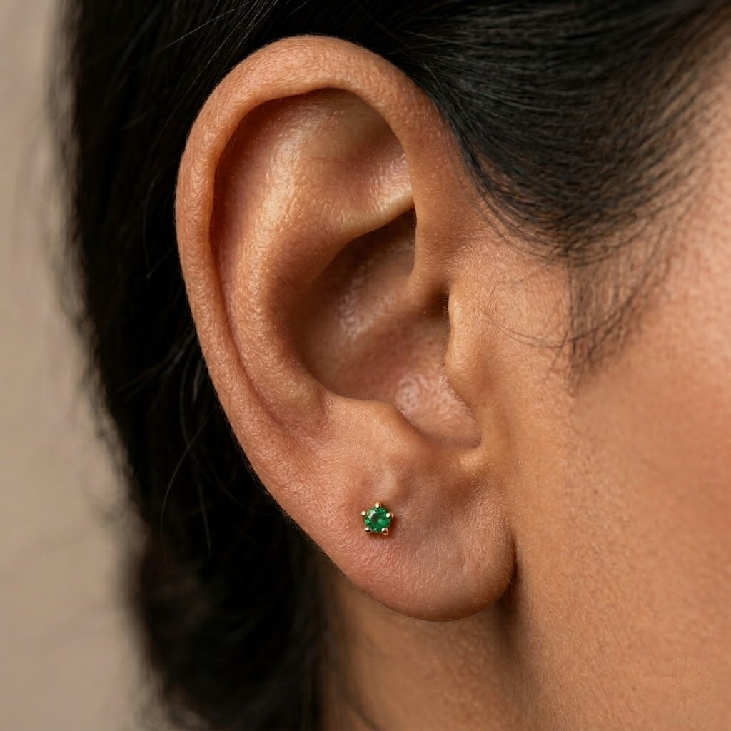 9K Gold Emerald Solitaire Second Stud Earrings