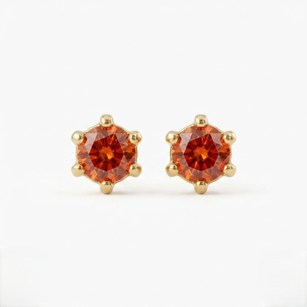 Orange Round-Cut 9K Gold Stud Earrings