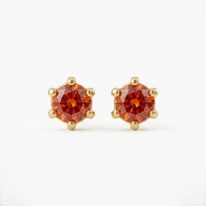 Orange Round-Cut 9K Gold Stud Earrings