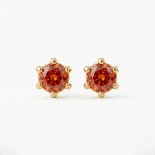 Orange Round-Cut 9K Gold Stud Earrings