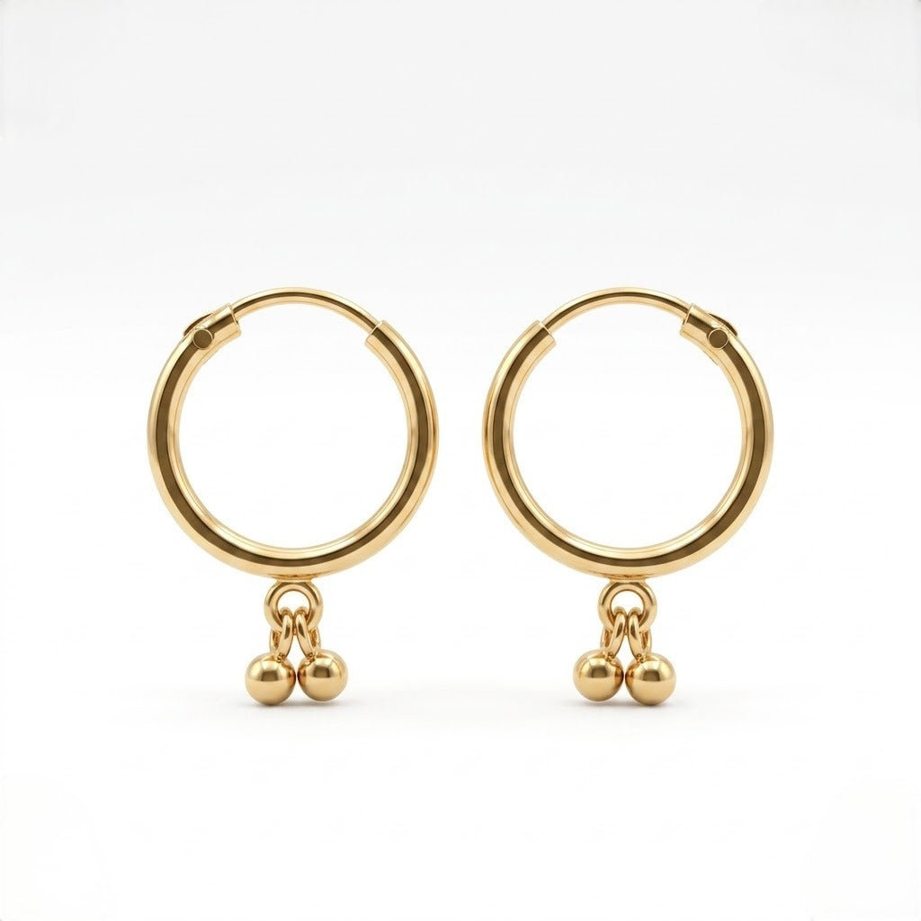 9K Gold Hoop Stud Earrings with Bead Drops