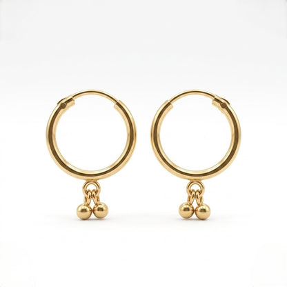 9K Gold Hoop Stud Earrings with Bead Drops