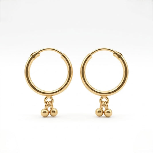 9K Gold Hoop Stud Earrings with Bead Drops