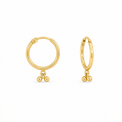 9K Gold Hoop Stud Earrings with Bead Drops