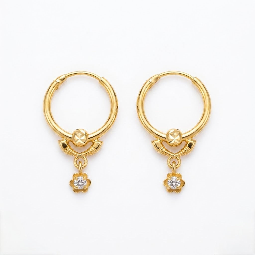 9K Gold Hoop Stud Earrings with Floral Drop