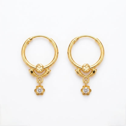 9K Gold Hoop Stud Earrings with Floral Drop