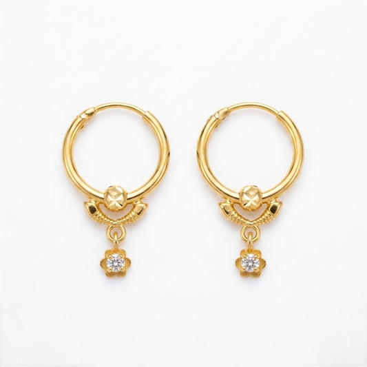 9K Gold Hoop Stud Earrings with Floral Drop