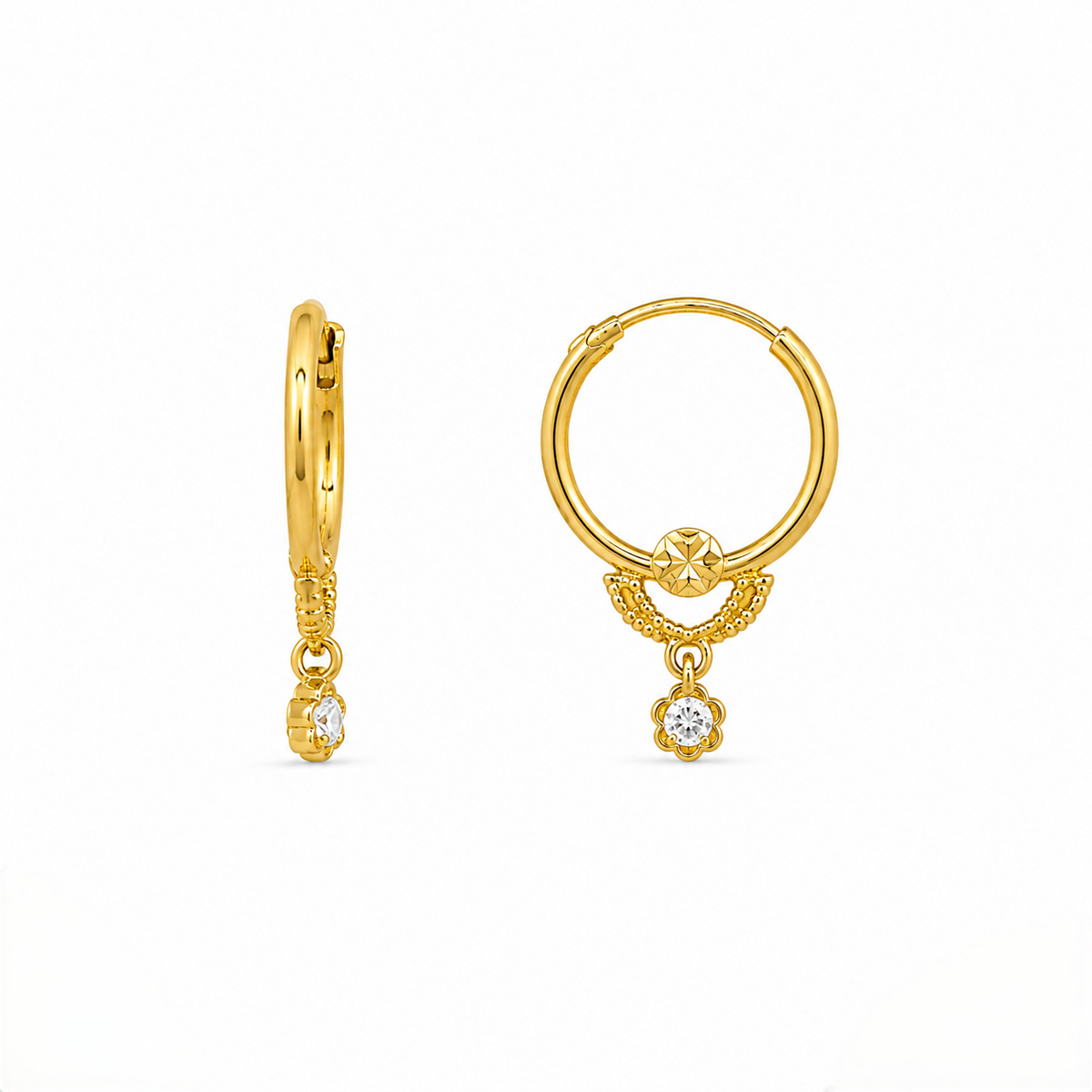 9K Gold Hoop Stud Earrings with Floral Drop