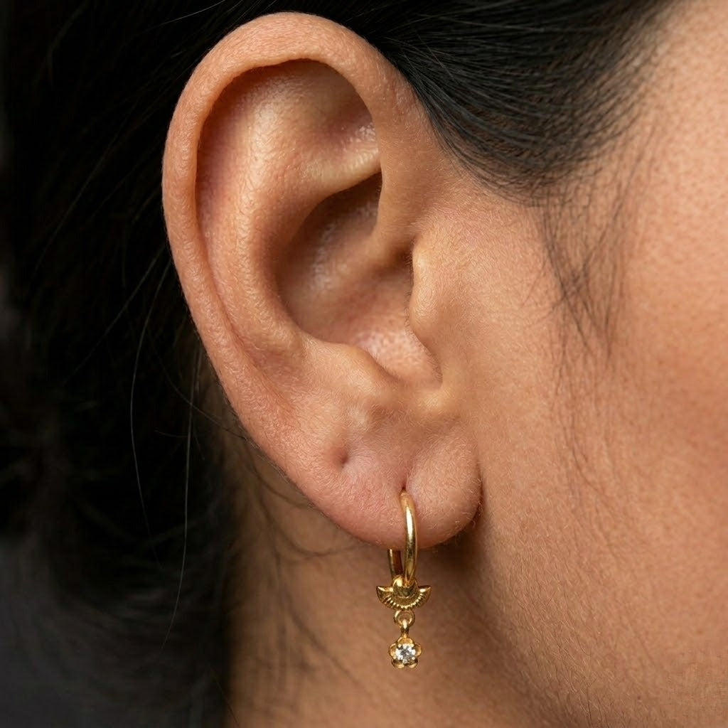 9K Gold Hoop Stud Earrings with Floral Drop