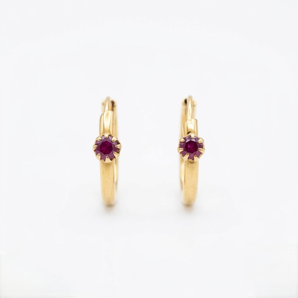 9K Gold Ruby Stone Hoop Stud Earrings
