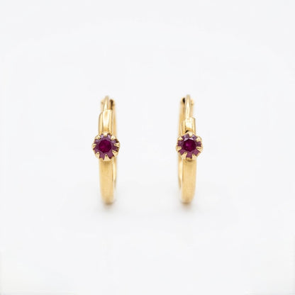 9K Gold Ruby Stone Hoop Stud Earrings