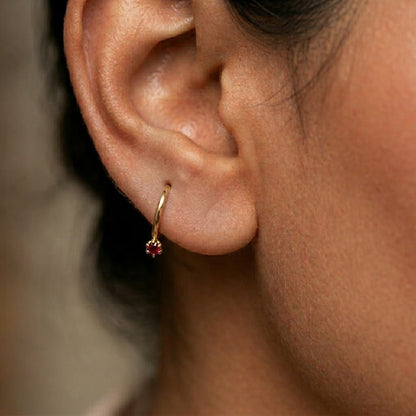 9K Gold Ruby Stone Hoop Stud Earrings