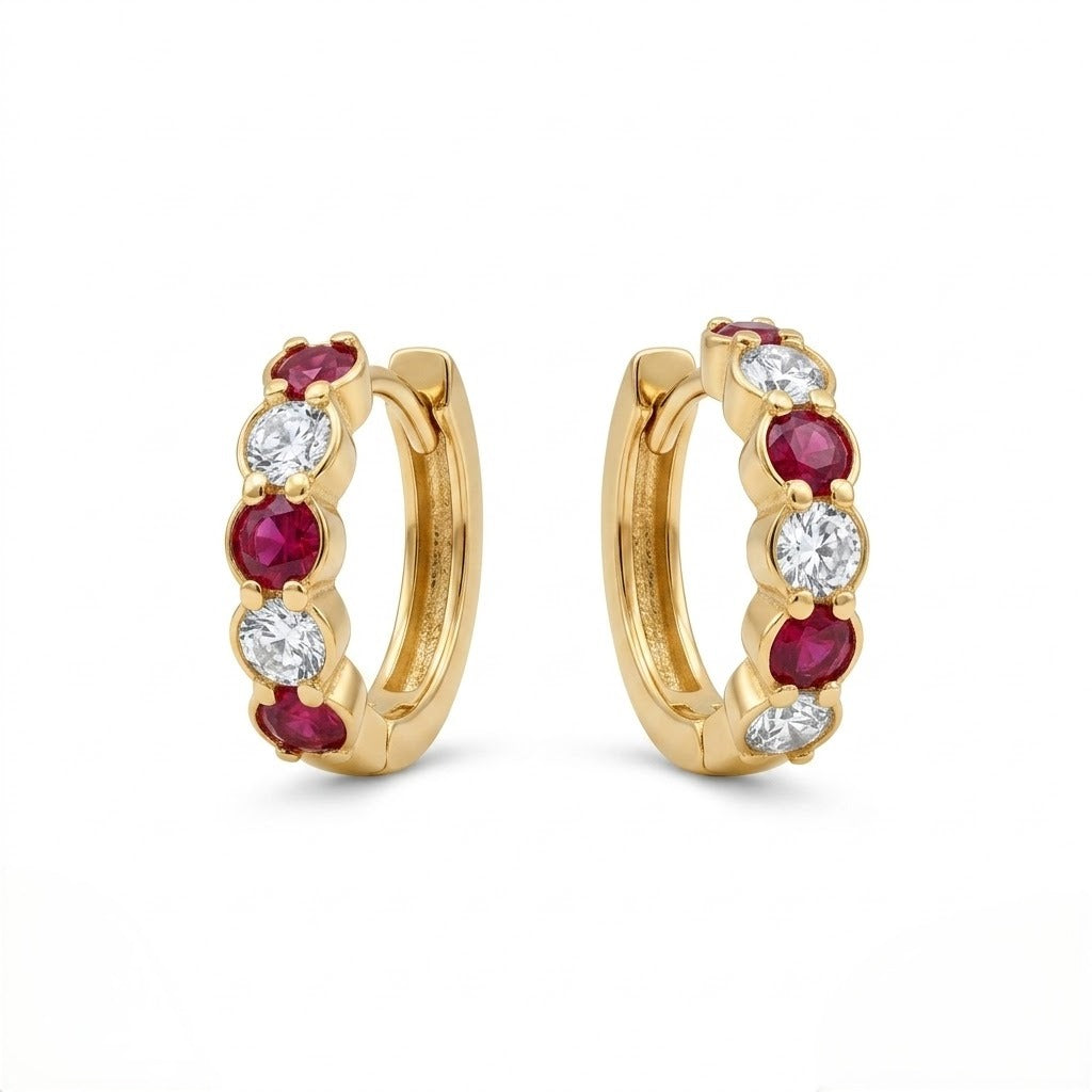 9K Gold Pink and White Stone Hoop Stud Earrings
