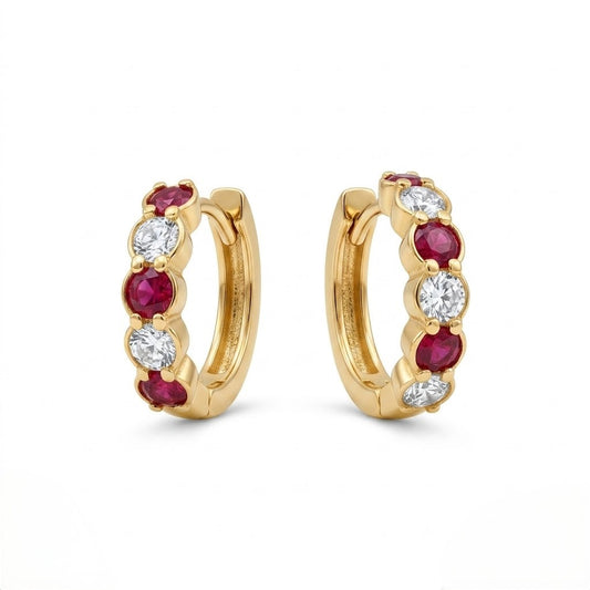 9K Gold Pink and White Stone Hoop Stud Earrings