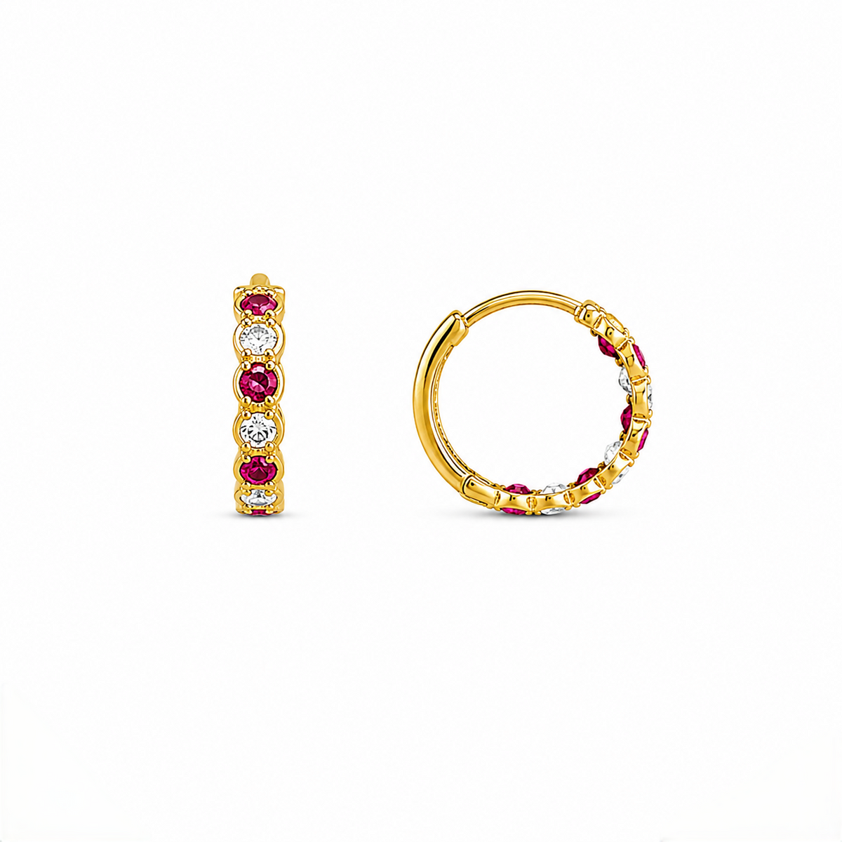 9K Gold Pink and White Stone Hoop Stud Earrings