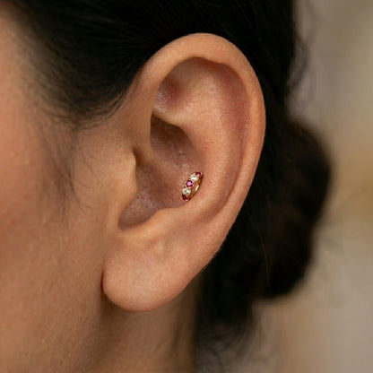 9K Gold Pink and White Stone Hoop Stud Earrings