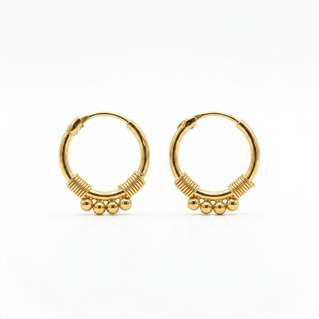 9K Gold Beaded Coil Hoop Stud Earrings