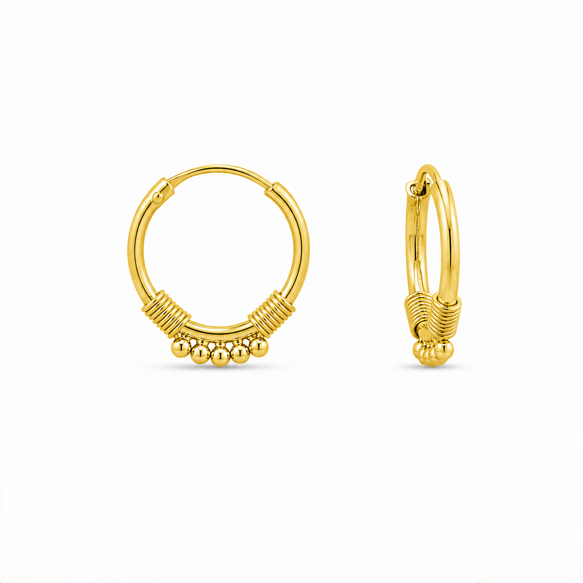 9K Gold Beaded Coil Hoop Stud Earrings