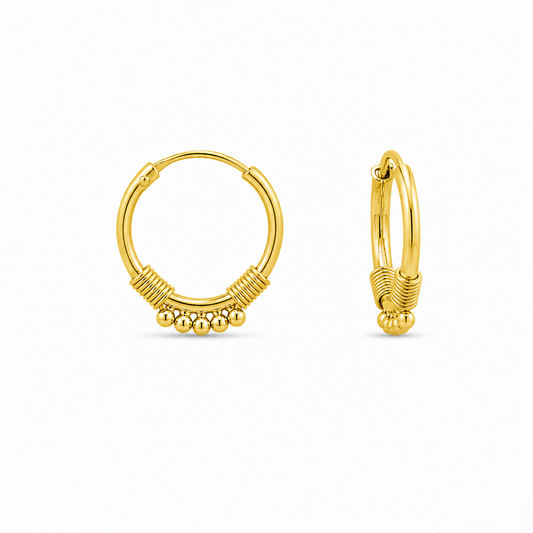 9K Gold Beaded Coil Hoop Stud Earrings