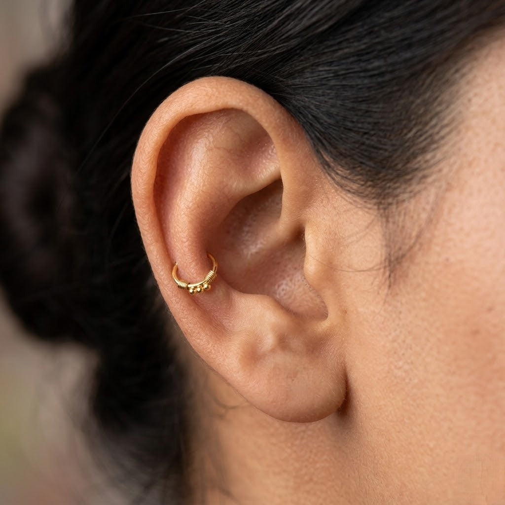 9K Gold Beaded Coil Hoop Stud Earrings