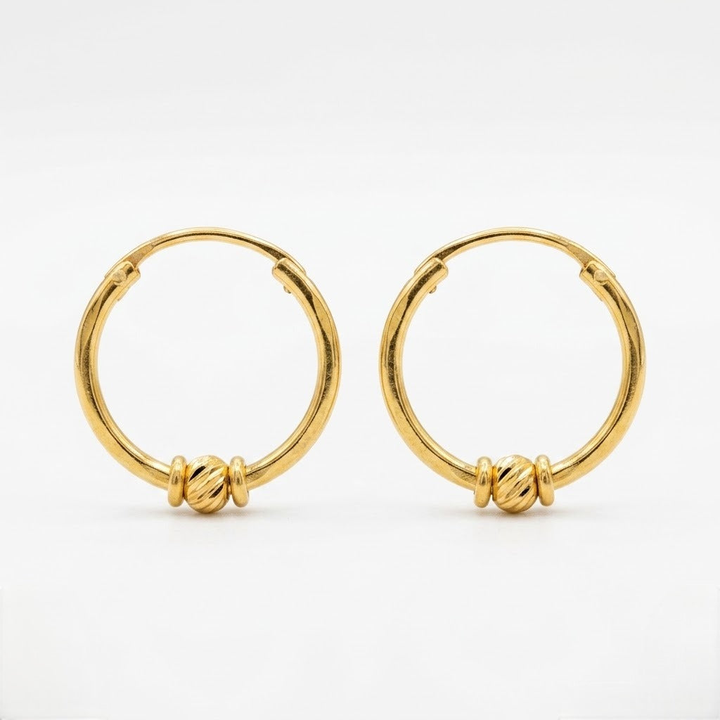9K Gold Hoop Stud Earrings with Textured Bead Accent
