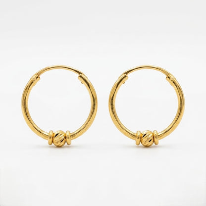 9K Gold Hoop Stud Earrings with Textured Bead Accent