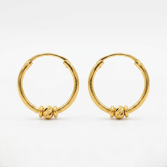 9K Gold Hoop Stud Earrings with Textured Bead Accent