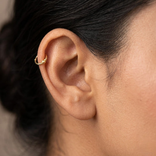 9K Gold Hoop Stud Earrings with Textured Bead Accent