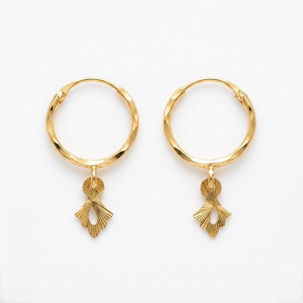 9K Gold Hoop Stud Earrings with Leaf Drop Charm