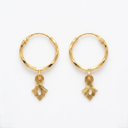 9K Gold Hoop Stud Earrings with Leaf Drop Charm