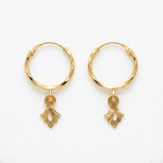 9K Gold Hoop Stud Earrings with Leaf Drop Charm