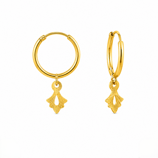 9K Gold Hoop Stud Earrings with Leaf Drop Charm