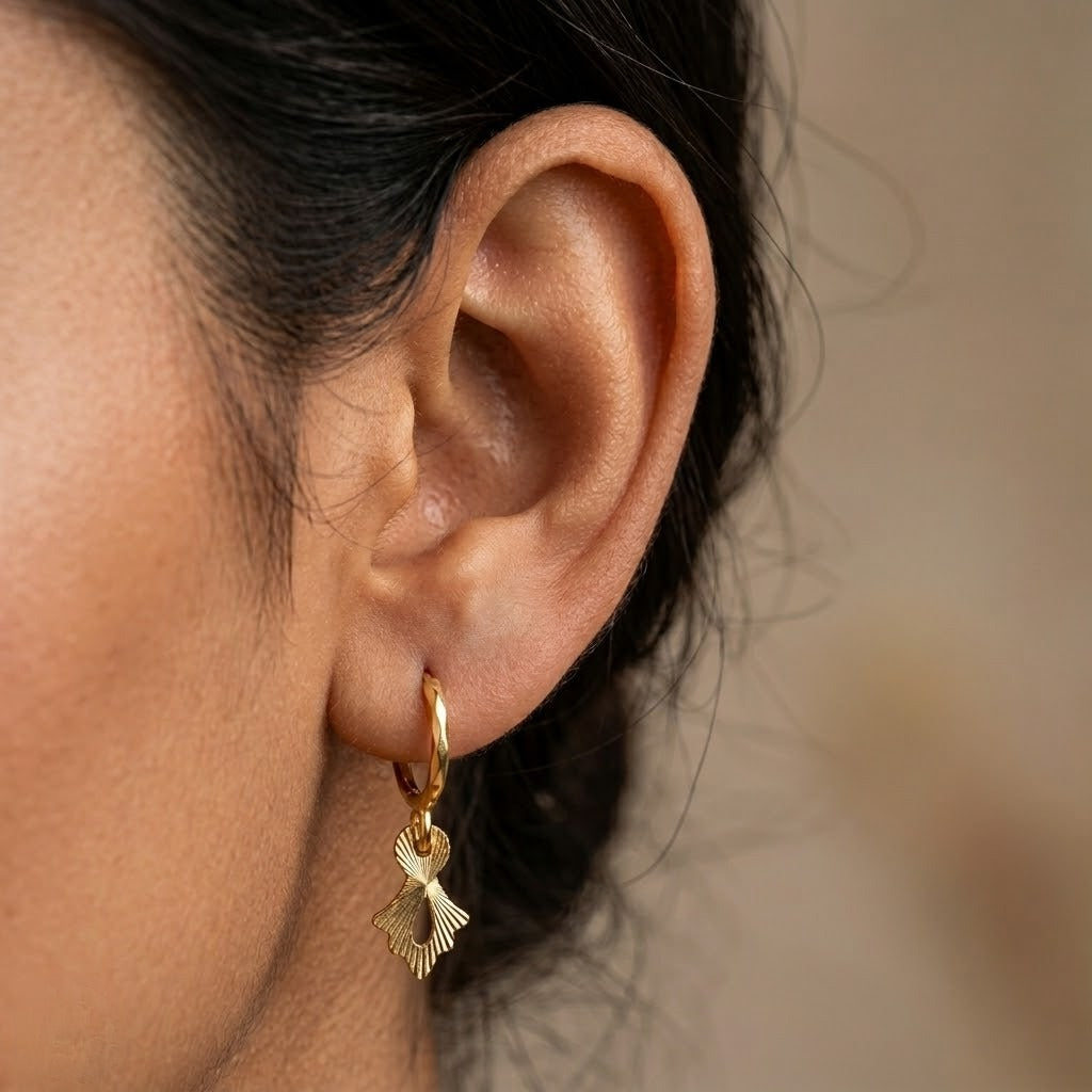 9K Gold Hoop Stud Earrings with Leaf Drop Charm