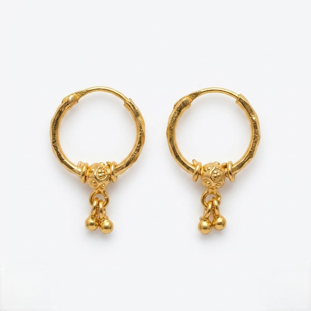 9K Gold Faceted Hoop Stud Earrings with Bead Drops