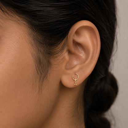 9K Gold Faceted Hoop Stud Earrings with Bead Drops