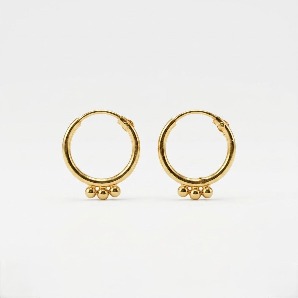 9K Gold Triple Bead Hoop Stud Earrings