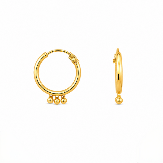 9K Gold Triple Bead Hoop Stud Earrings