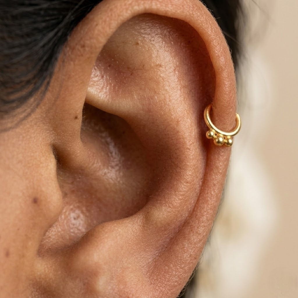 9K Gold Triple Bead Hoop Stud Earrings