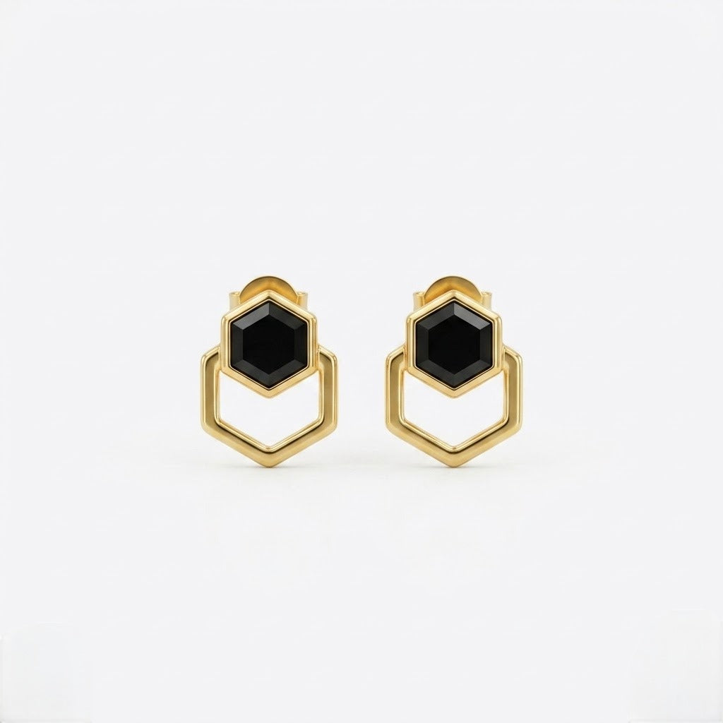 9K Gold Hexa Black Stone Second Stud Earrings