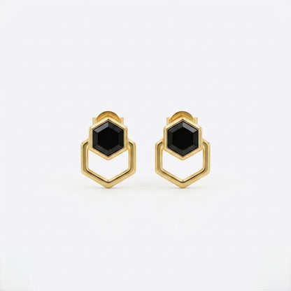 9K Gold Hexa Black Stone Second Stud Earrings