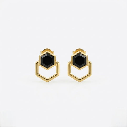 9K Gold Hexa Black Stone Second Stud Earrings